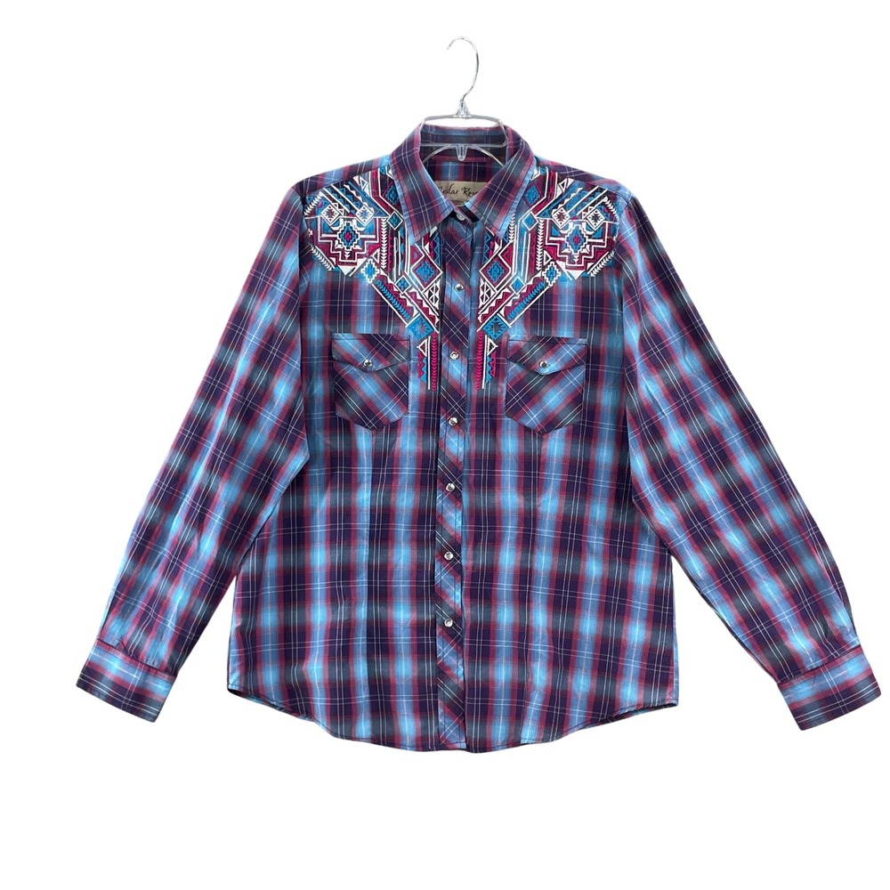 Cedar Rose Western Shirt Womens‎ XL Purple Plaid Embroidered Pearl Snap Cowgirl